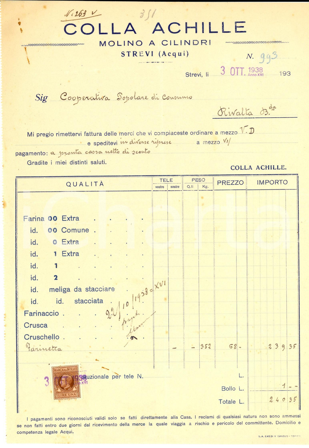 Documento originale, autentico 1938 STREVI AL Achille COLLA  Molino a cilindri  Fattura intestata con bollo 1