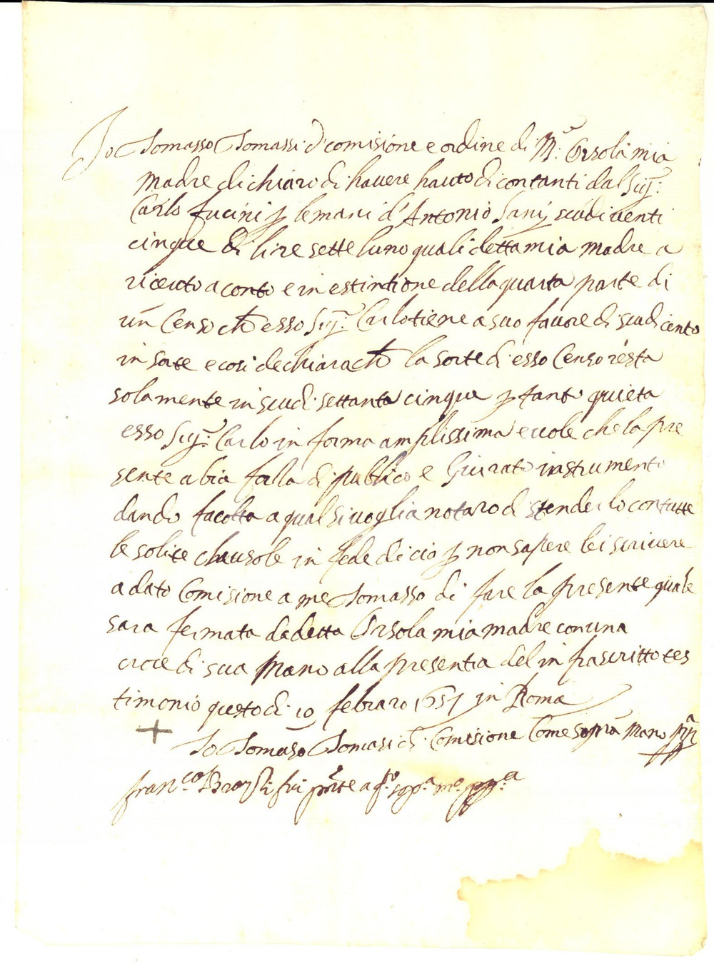 Documento originale, autentico 1651 ROMA Ricevuta di Tommaso TOMMASI per censo della madre Orsola Manoscritto 1