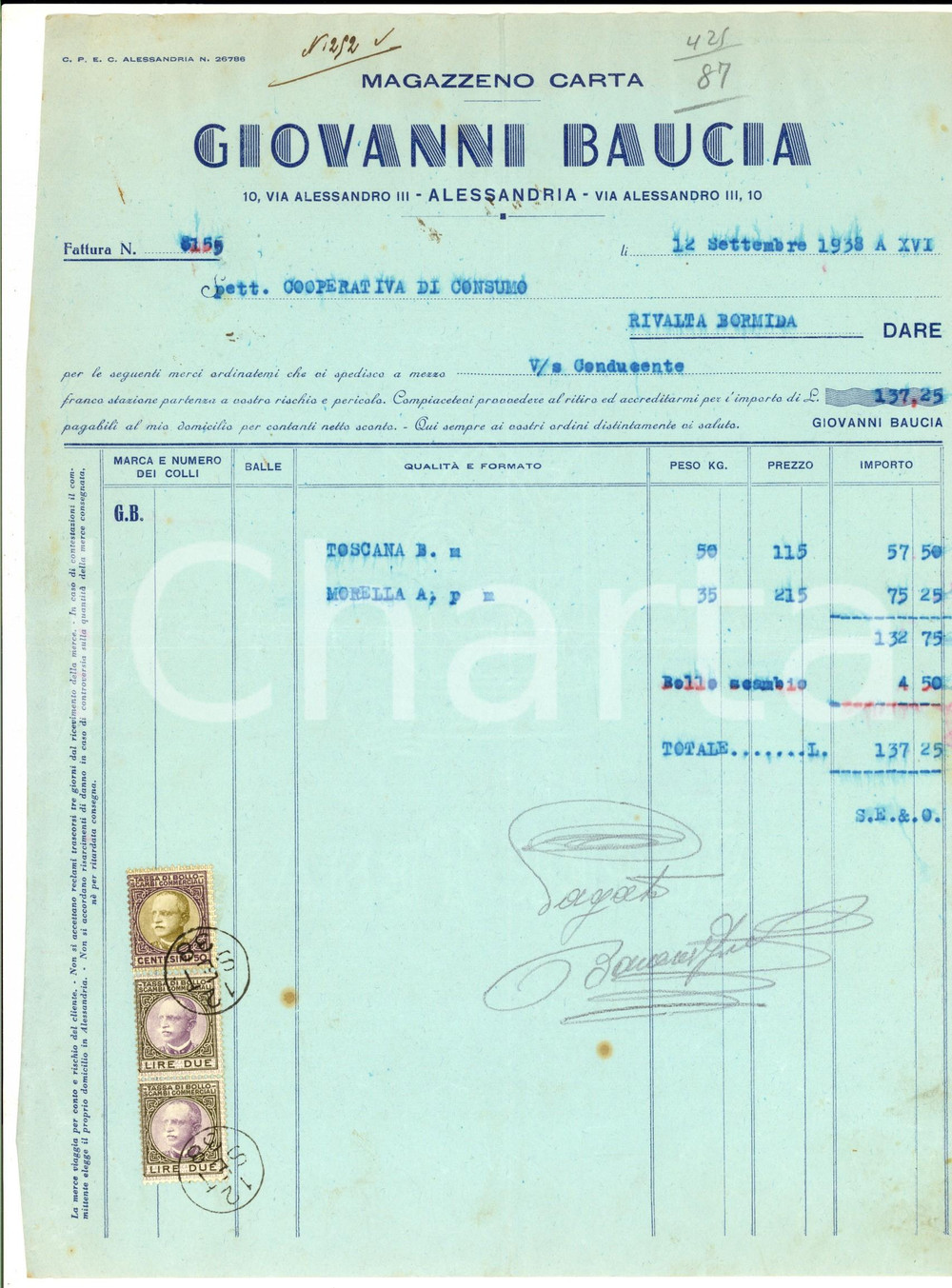Documento originale, autentico 1938 ALESSANDRIA Giovanni BAUCIA Magazzeno carta Fattura intestata con bolli 1