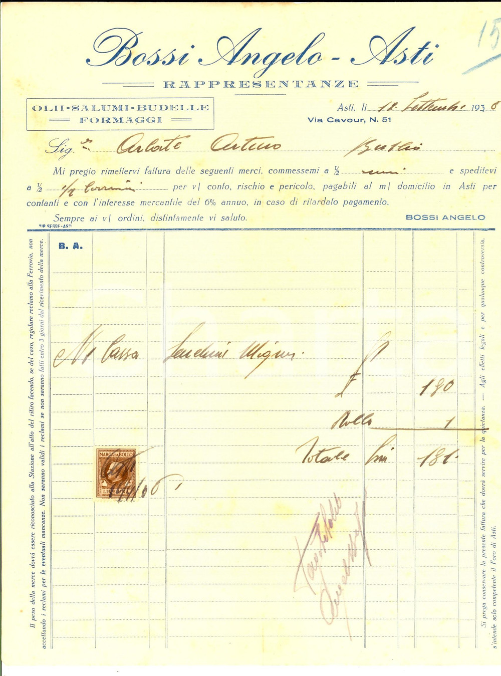 Documento originale, autentico 1936 ASTI Angelo BOSSI rappresentanze olii salumi budelle Fattura intestata 1