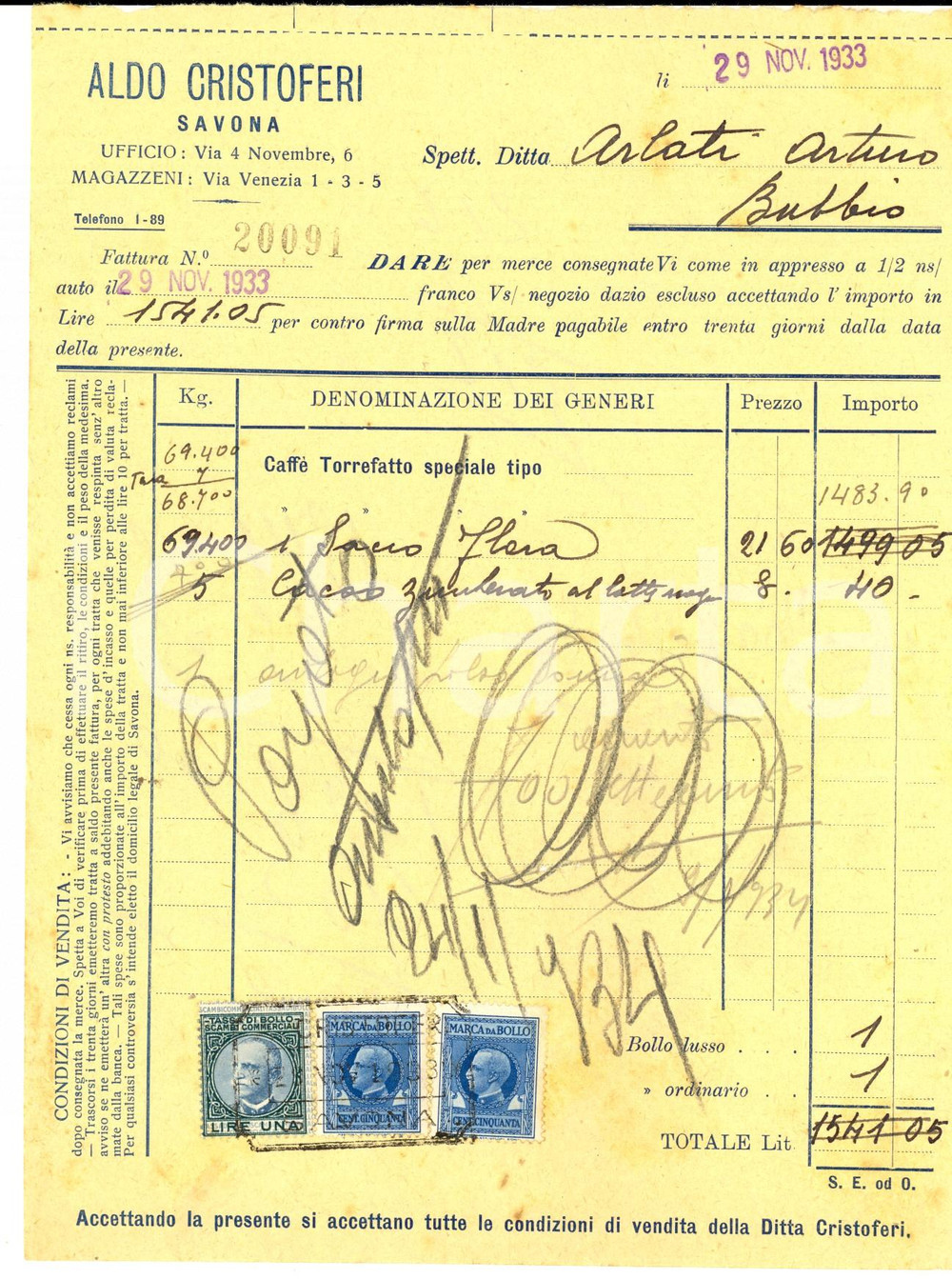 Documento originale, autentico 1933 SAVONA Ditta Aldo CRISTOFERI Fattura intestata per caffé torrefatto 1