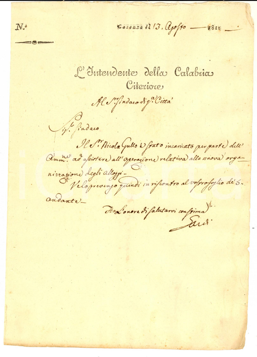 Documento originale, autentico 1811 CALABRIA CITERIORE COSENZA Incarico a Nicola GULLO organizzazione alloggi 1