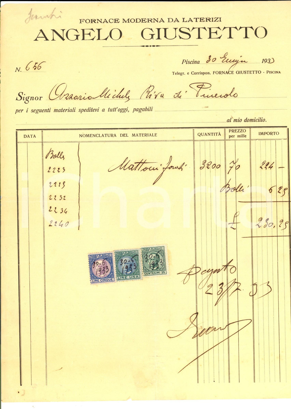 Documento originale, autentico 1933 PISCINA TO Angelo GIUSTETTO Fornace moderna da laterizi Fattura 1