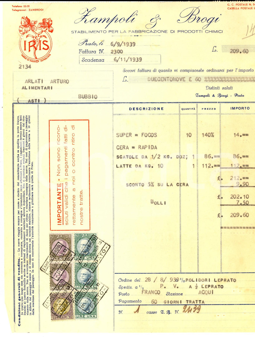 Documento originale, autentico 1939 PRATO Ditta ZAMPOLI & BROGI Prodotti chimici Fattura intestata 1