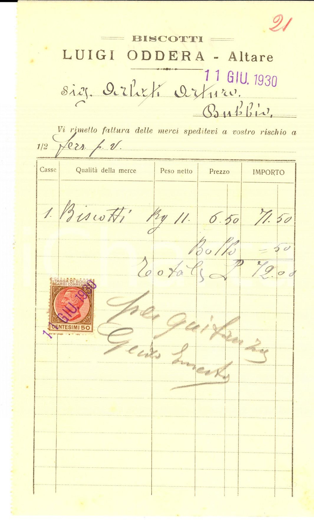 Documento originale, autentico 1930 ALTARE SV Biscotti Luigi ODDERA Fattura intestata con bollo 1