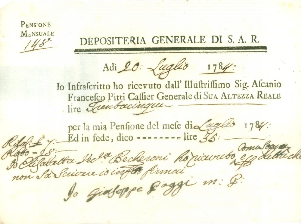 Documento originale, autentico 1784 DEPOSITERIA GRANDUCATO TOSCANA Elisabetta BECHERONI riceve pensione luglio 1