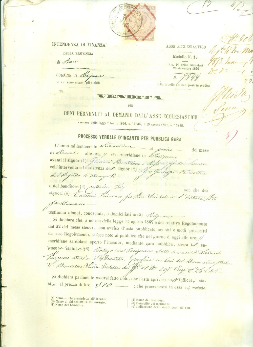 Documento originale, autentico 1872 POLIGNANO A MARE BA Vendita all asta di una bottega di Vincenzo LATTANZIO 1