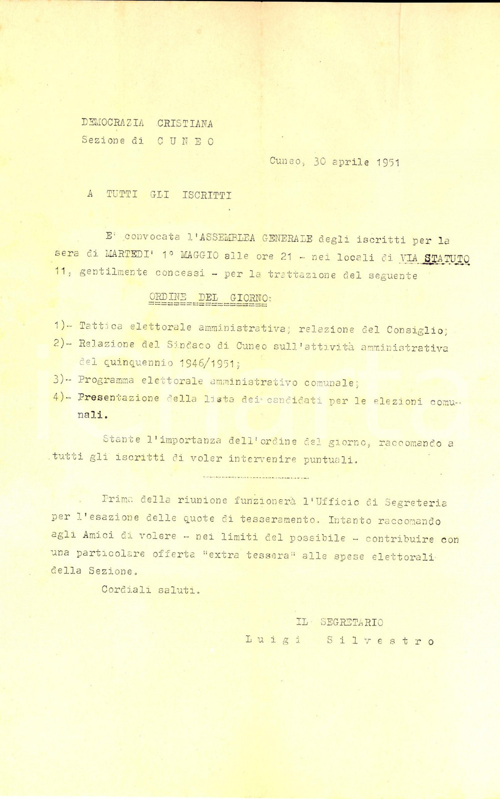 Materiale pubblicitario d’epoca 1951 DEMOCRAZIA CRISTIANA CUNEO Assemblea generale per tattica elettorale 1