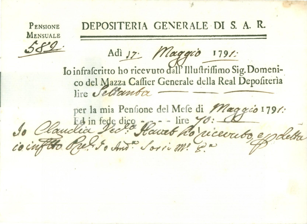 Documento originale, autentico 1791 DEPOSITERIA GRANDUCATO TOSCANA Claudia HAVET riceve pensione di maggio 1