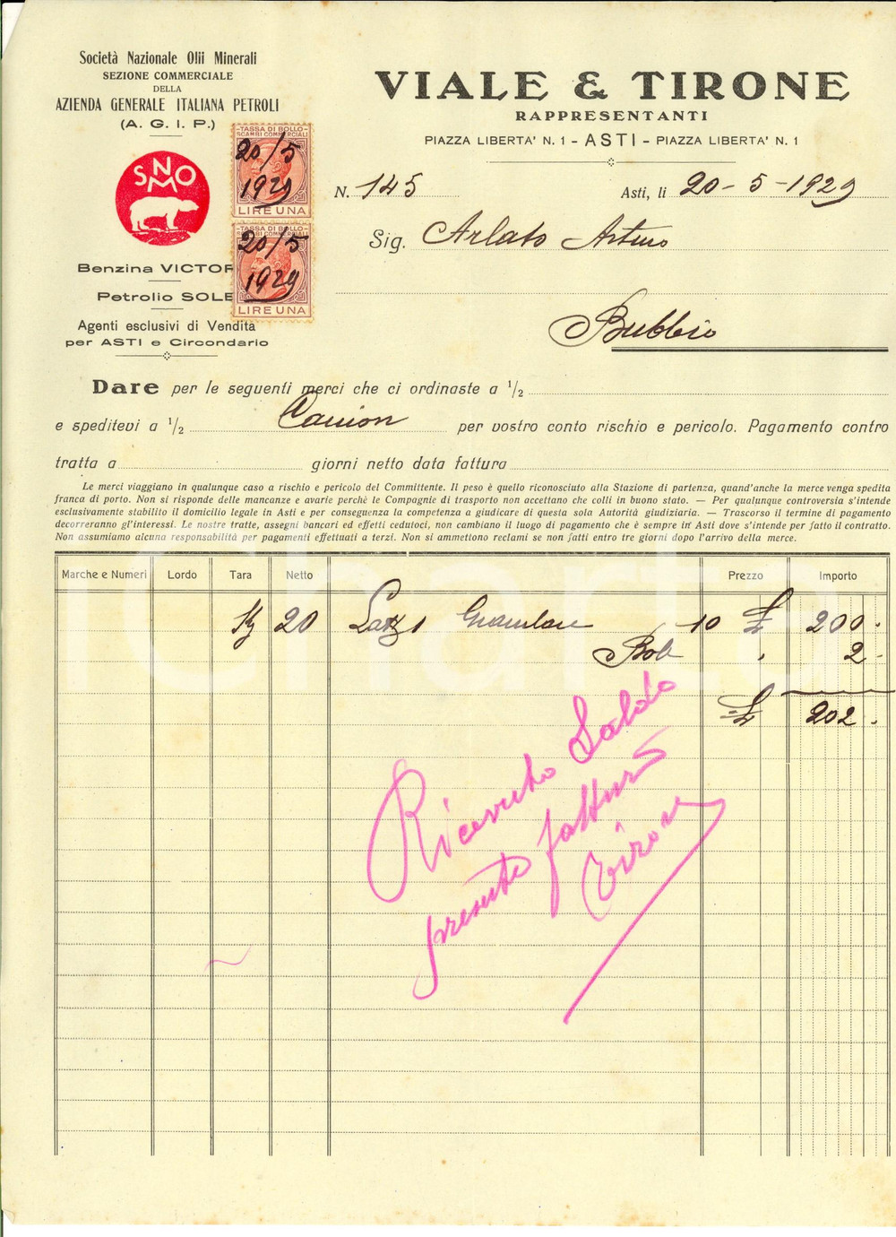 Documento originale, autentico 1929 ASTI Rappresentanti VIALE & TIRONE Benzina e petrolio Fattura intestata 1