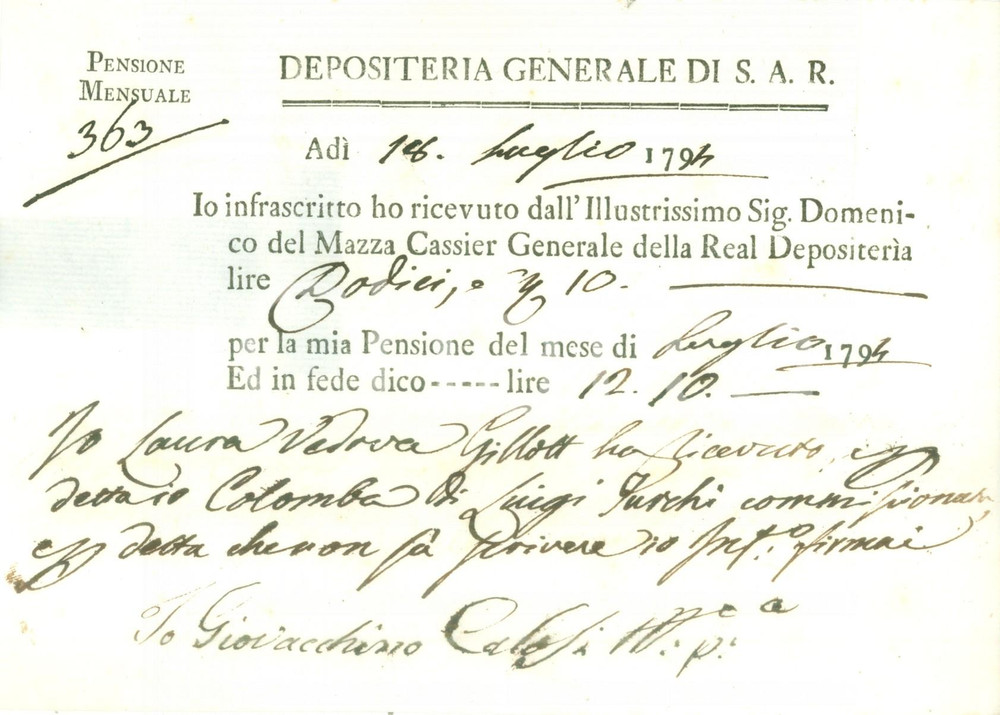 Documento originale, autentico 1794 DEPOSITERIA GRANDUCATO TOSCANA Laura GILLOT riceve pensione di luglio 1