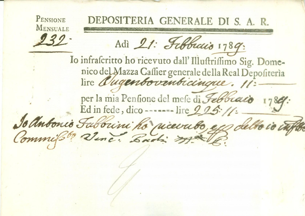 Documento originale, autentico 1789 DEPOSITERIA GRANDUCATO TOSCANA Giovanni Antonio FABBRINI Pensione febbraio 1