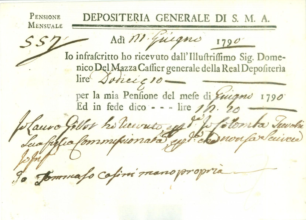 Documento originale, autentico 1790 DEPOSITERIA GRANDUCATO TOSCANA Laura GILLOT pensione di giugno 1