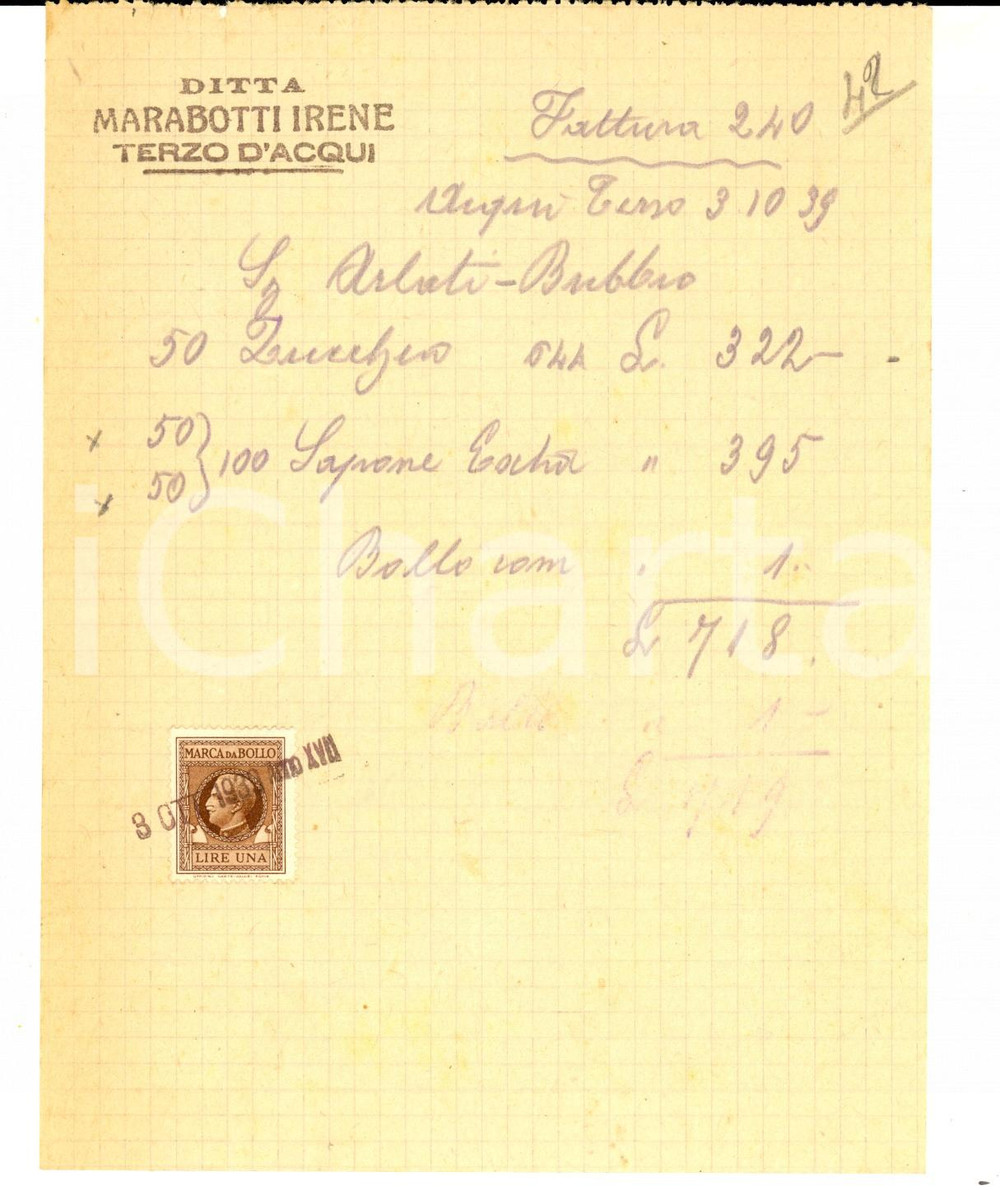 Documento originale, autentico 1939 TERZO D ACQUI AL Fattura per vendita di sapone Intestata con bollo 1