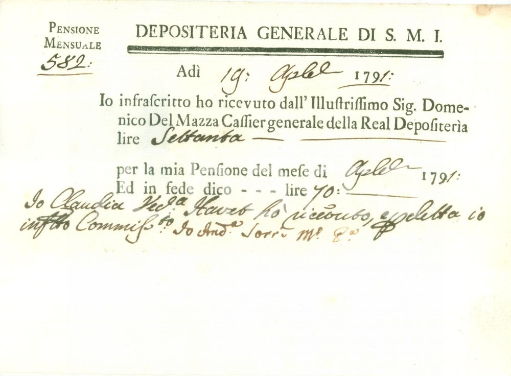 Documento originale, autentico 1791 DEPOSITERIA GRANDUCATO TOSCANA Claudia HAVET riceve pensione di aprile 1
