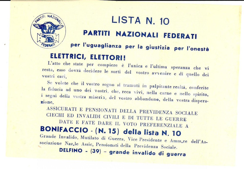 Oggetto da collezione cartaceo 1953 PARTITI NAZIONALI FEDERATI Votate BONIFACCIO e DELFINO invalidi guerra 1