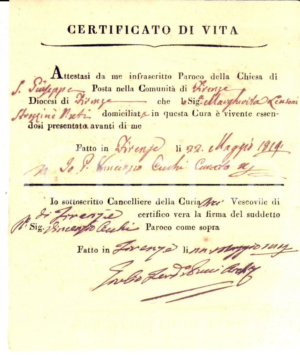 Documento originale, autentico 1819 FIRENZE Chiesa SAN GIUSEPPE Certificato di  vita Margherita LENSONI 1