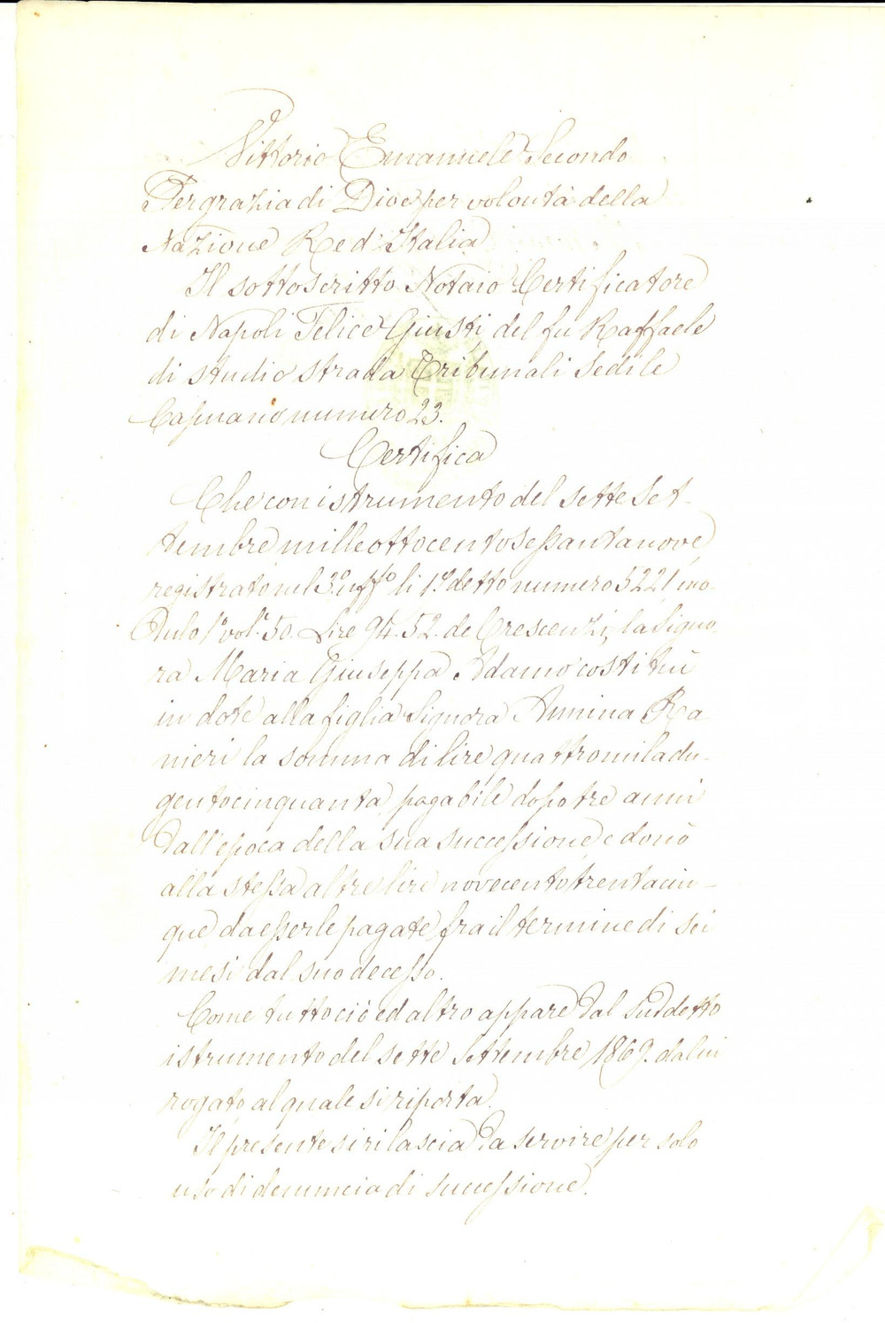 Documento originale, autentico 1874 NAPOLI Dote Maria Giuseppa ADAMO per la figlia Amina RANIERI Manoscritto 1