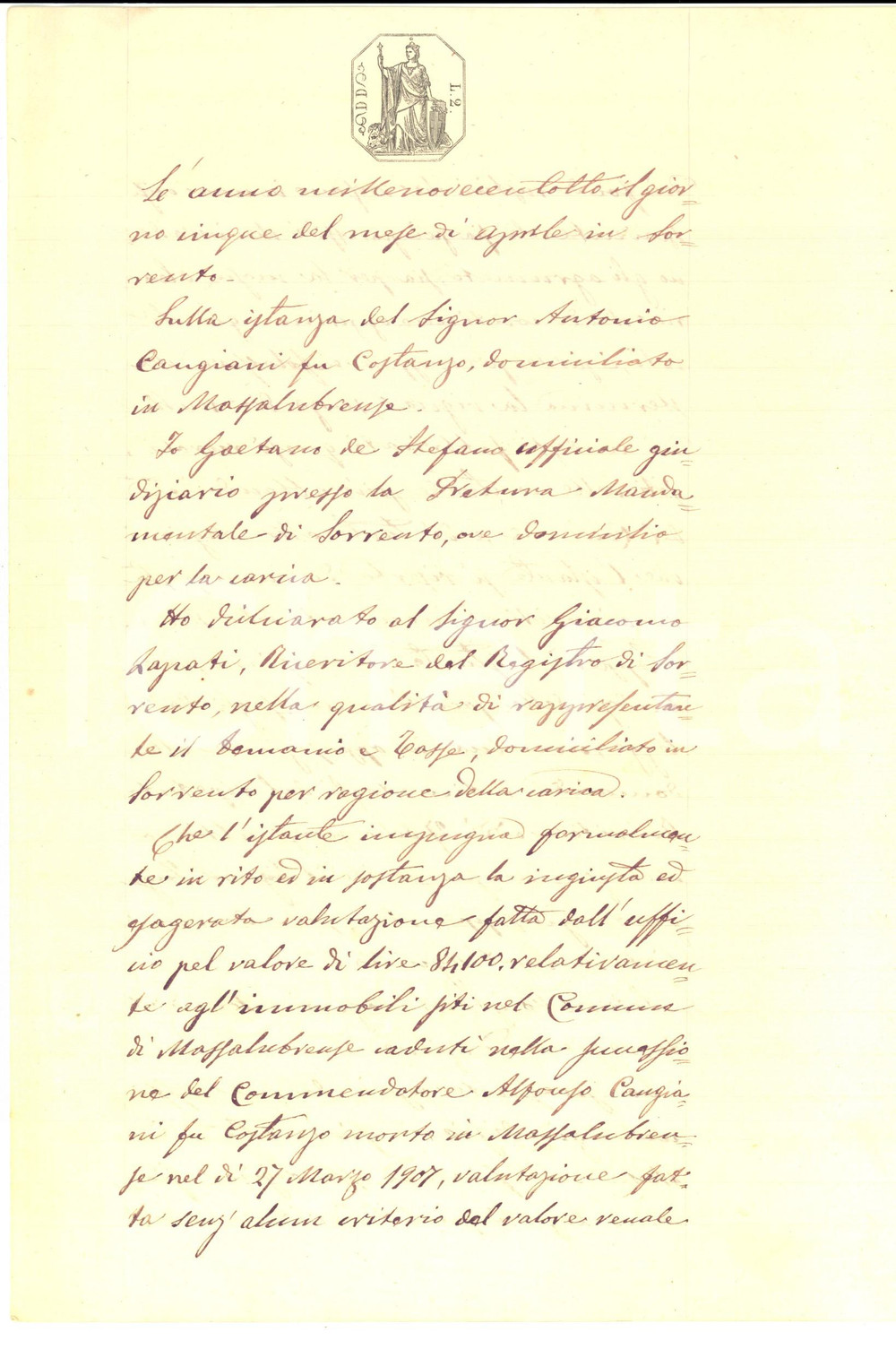 Documento originale, autentico 1908 MASSA LUBRENSE  Antonio CANGIANI contro la stima ingiusta di un immobile 1