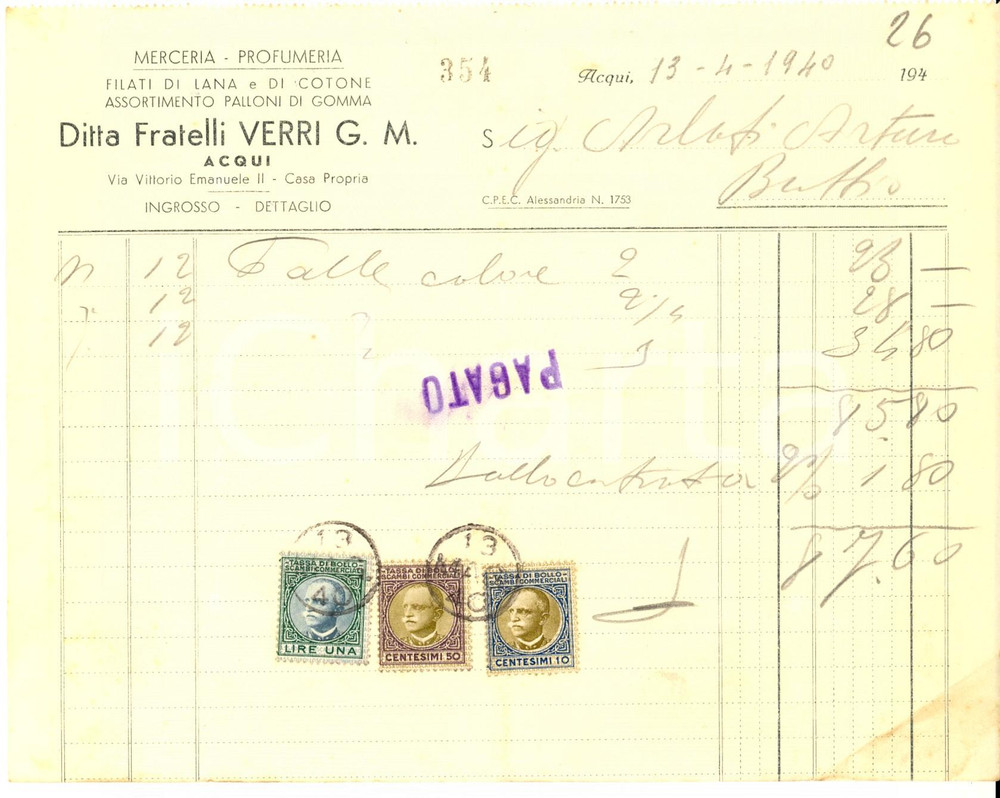 Documento originale, autentico 1940 ACQUI AL Ditta Fratelli VERRI merceria  palloni di gomma Fattura 1