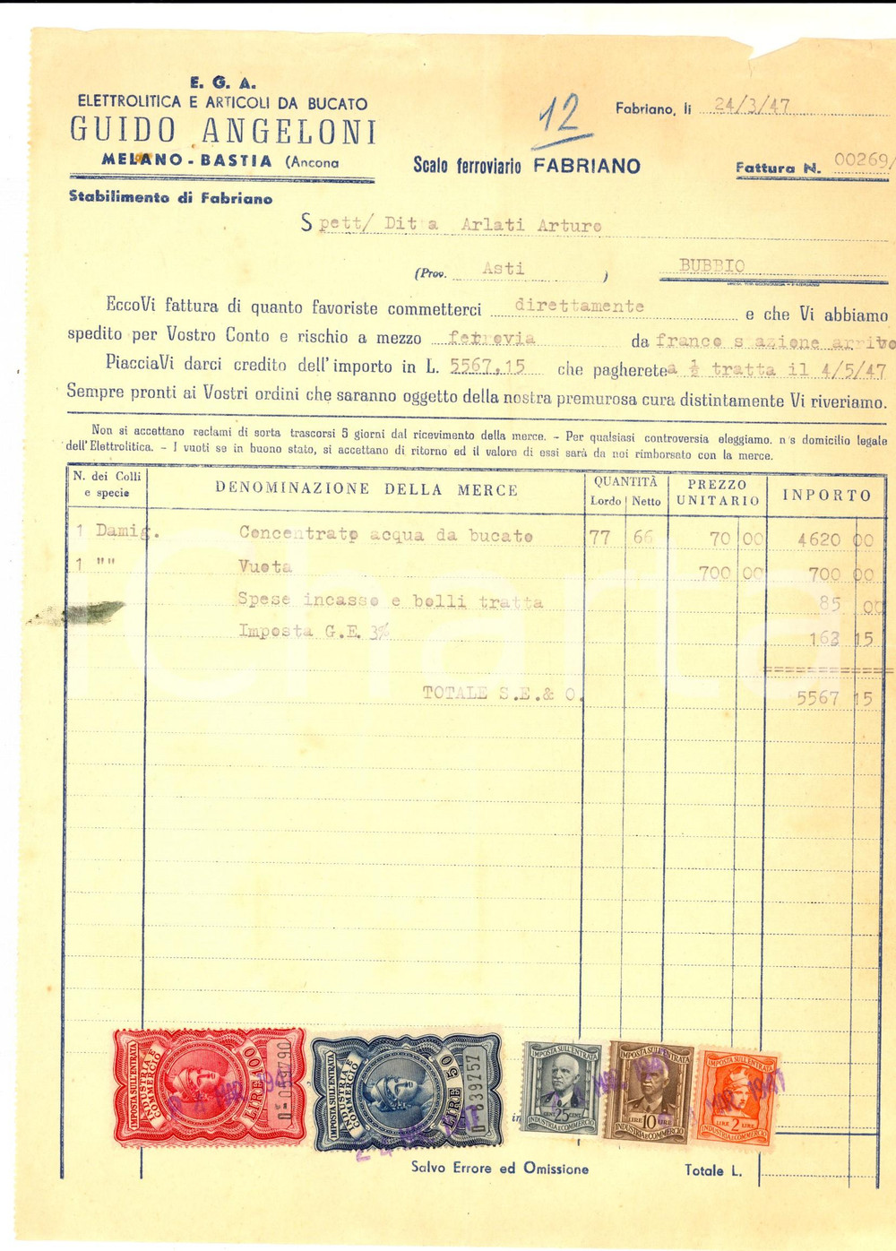 Documento originale, autentico 1947 FABRIANOAN Guido ANGELONI elettrolitica e articoli da bucato Fattura 1