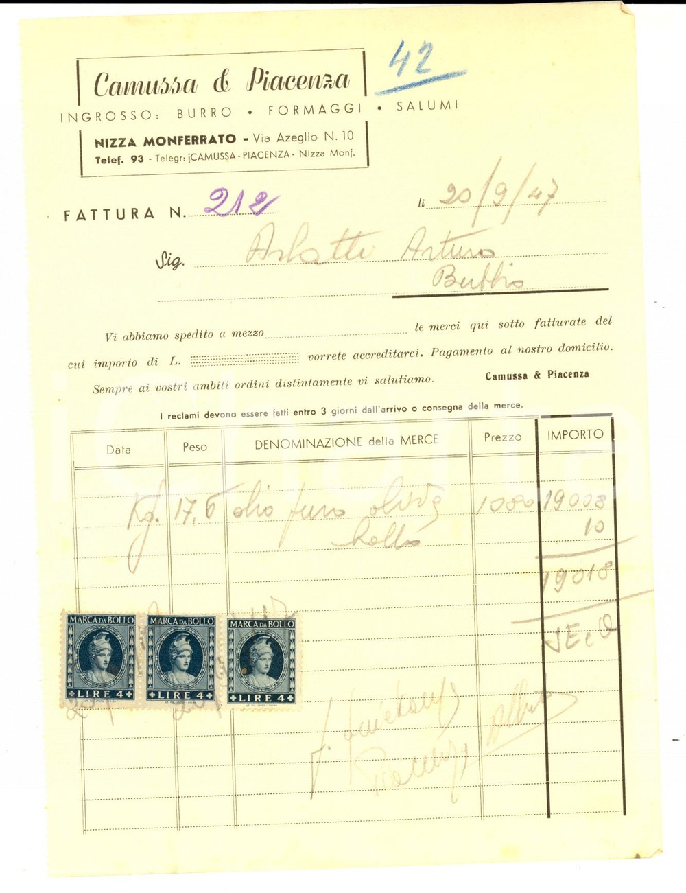 Documento originale, autentico 1947 NIZZA MONFERRATO AL Ditta CAMUSSA & PIACENZA Fattura intestata burro 1