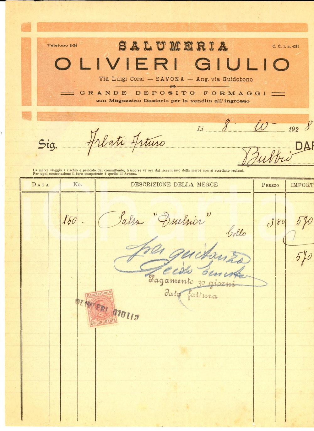 Documento originale, autentico 1928 SAVONA Salumeria Giulio OLIVIERI Fattura intestata per salsa EXCELSIOR 1