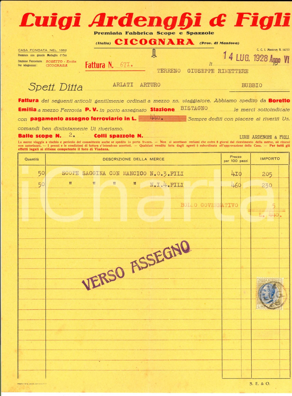 Documento originale, autentico 1928 VIADANA CICOGNARA MN Luigi ARDENGHI Fabbrica scope e spazzole Fattura 1