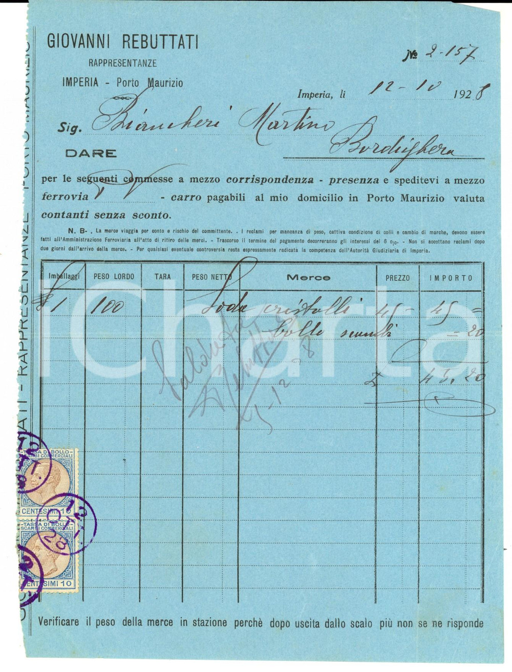 Documento originale, autentico 1928 IMPERIA PORTO MAURIZIO Giovanni REBUTTATI rappresentanze Fattura 1