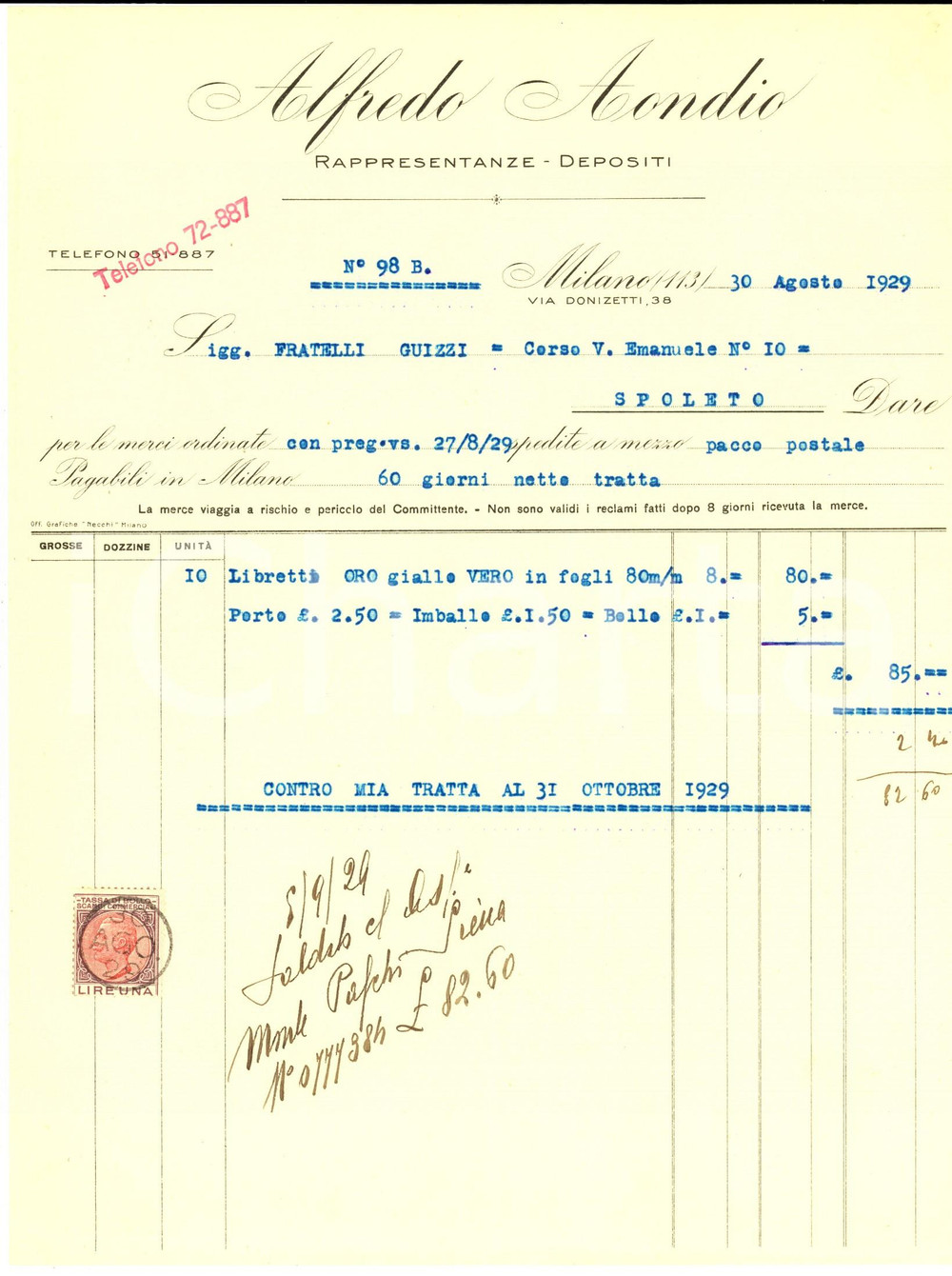 Documento originale, autentico 1929 MILANO Via Donizetti 38  Ditta ALFREDO AONDIO LIbretti ORO vero Fattura 1