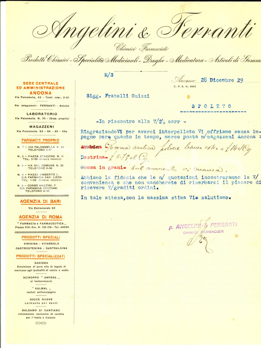 Documento originale, autentico 1929 ANCONA Laboratorio Chimico ANGELINI & FERRANTI Lettera gomma arabica 1