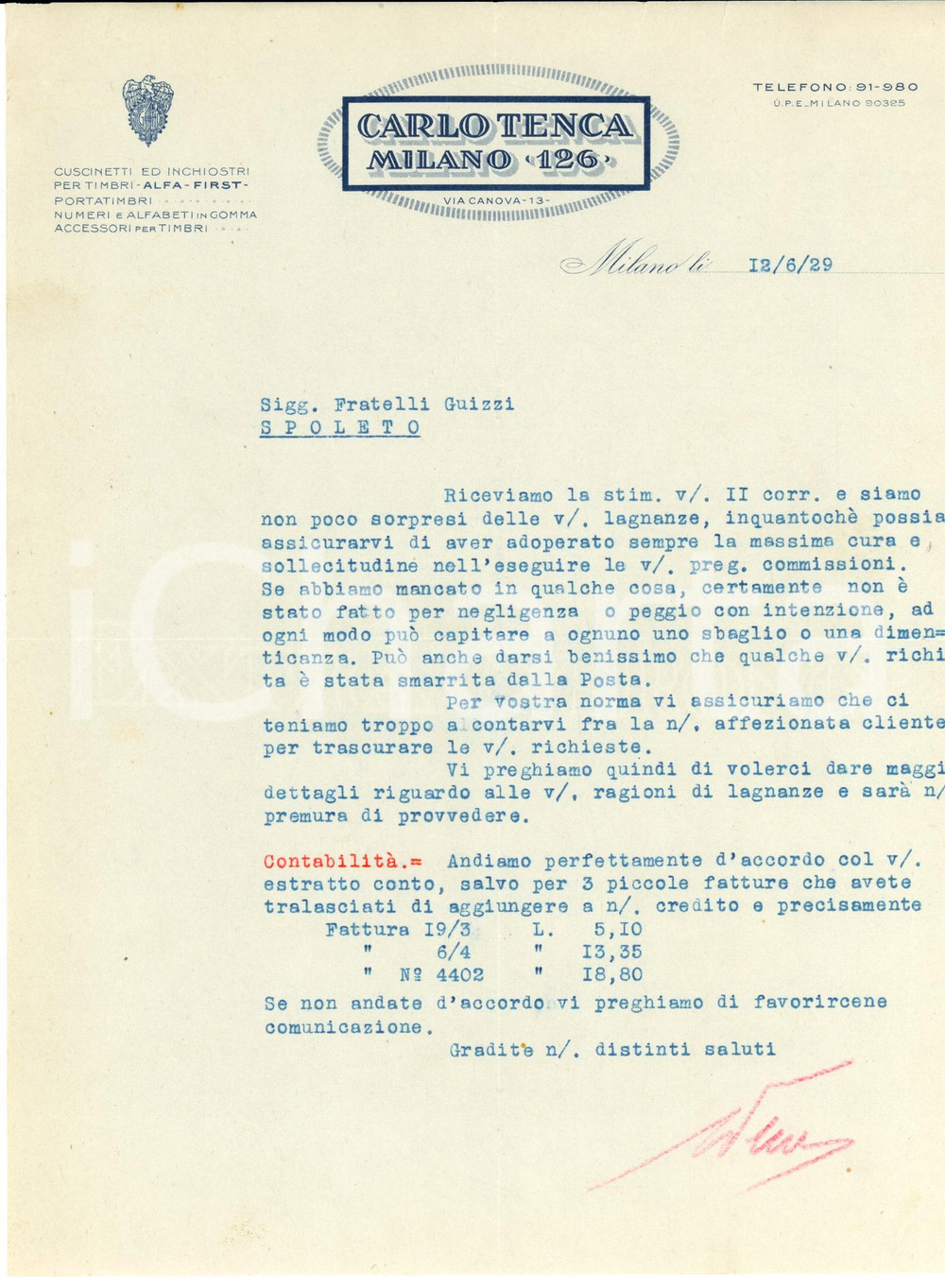 Documento originale, autentico 1929 MILANO Via Canova 13 Ditta Carlo TENCA  Lettera a cliente insoddisfatto 1