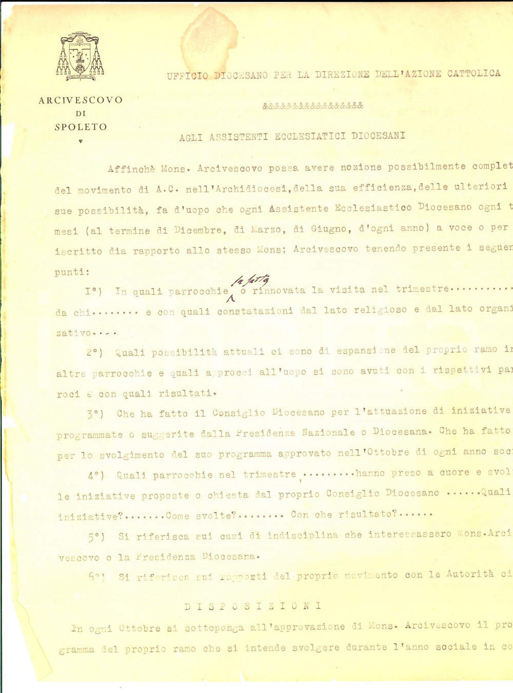 Documento originale, autentico 1930 ca SPOLETO Lettera arcivescovado agli assistenti diocesani per iniziative 1