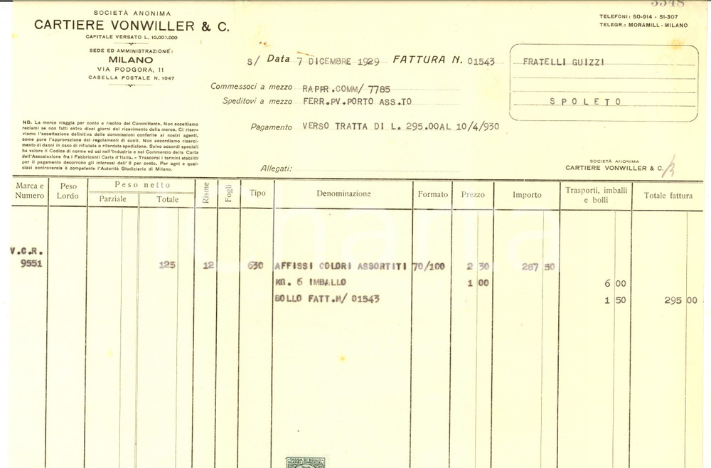 Documento originale, autentico 1929 MILANO Cartiere VONWILLER Fattura per colori Carta intestata 1
