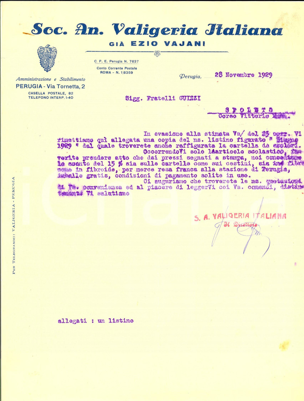 Documento originale, autentico 1929 PERUGIA Società Anonima VALIGERIA ITALIANA già Ezio VAJANI Fattura 1