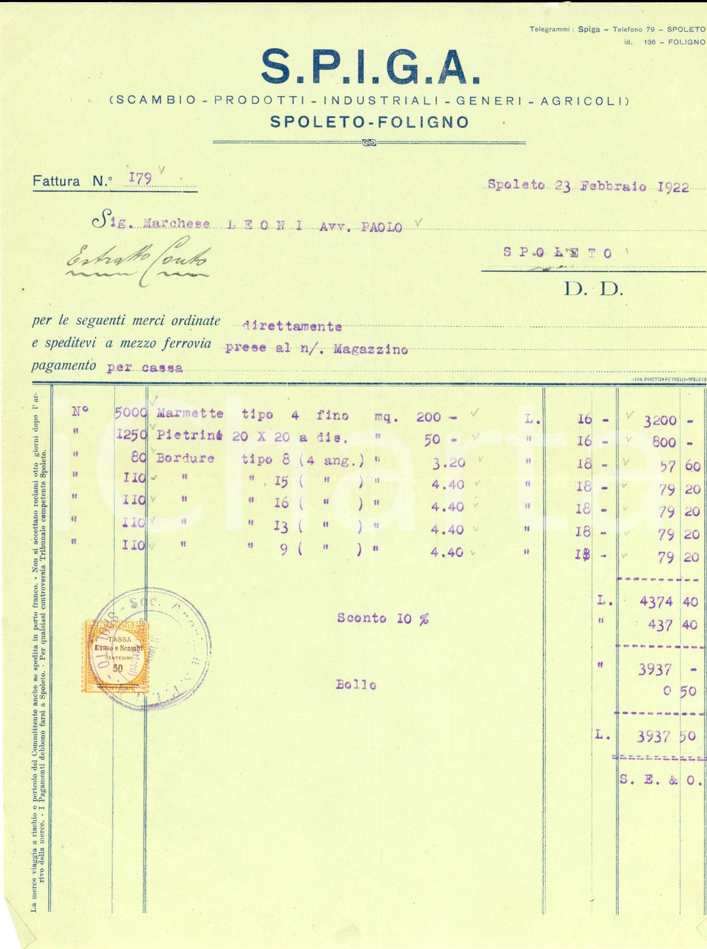 Documento originale, autentico 1922 SPOLETO Ditta S.P.I.G.A. Prodotti industriali Fattura per marmette 1