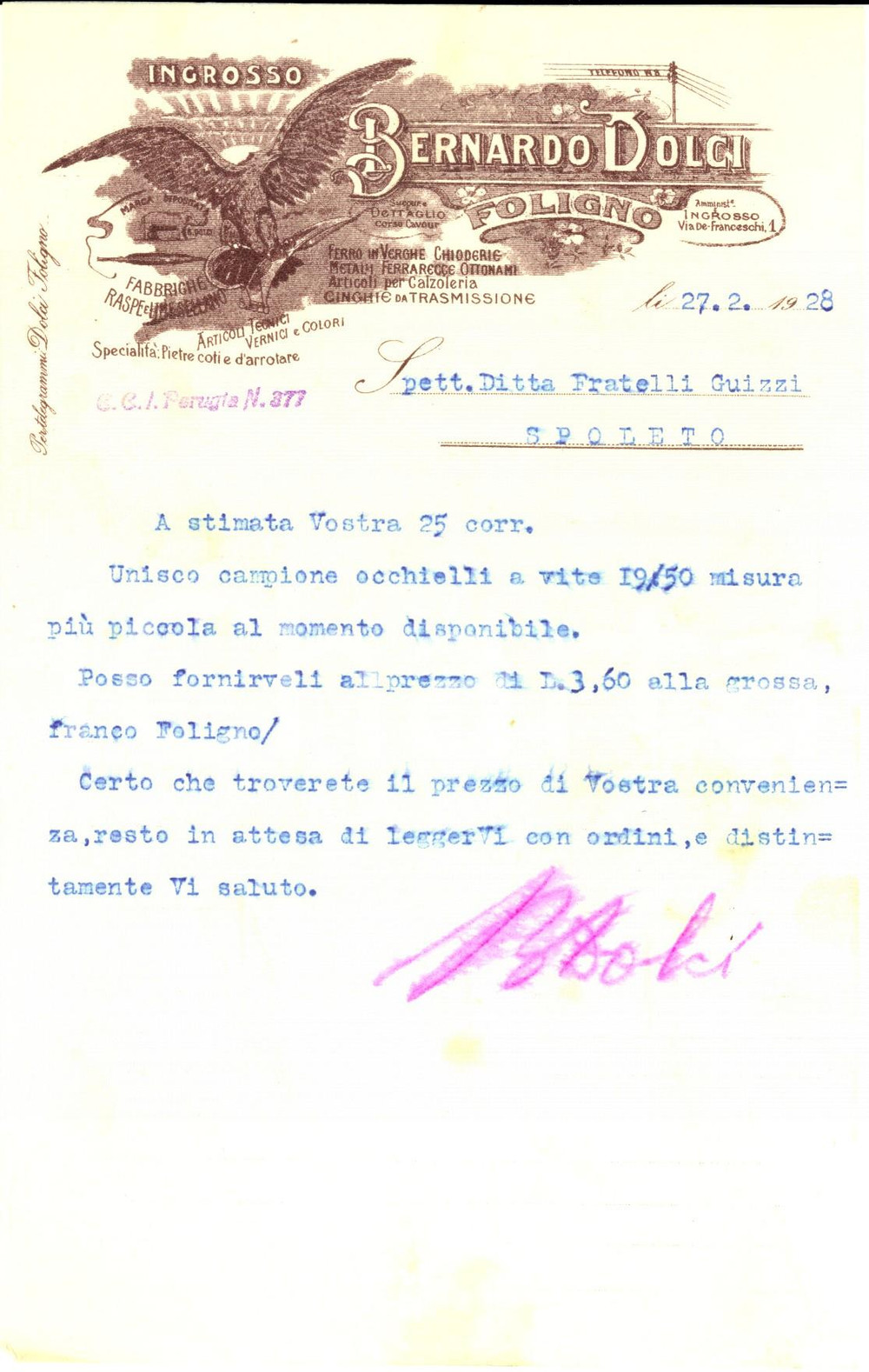 Documento originale, autentico 1928 SPOLETO PG Ingrosso Bernardo DOLCI Fero in verghe Lettera commerciale 1