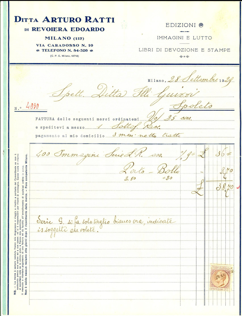 Documento originale, autentico 1929 MILANO Ditta ARTURO RATTI di REVOIERA Edoardo Fattura immagini religiose 1