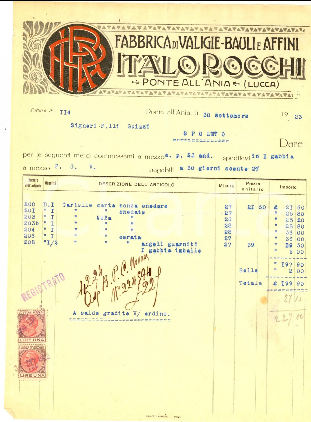 Documento originale, autentico 1923 PONTE ALL ANIA LU Fabbrica valigie e bauli ITALO ROCCHI Fattura 1