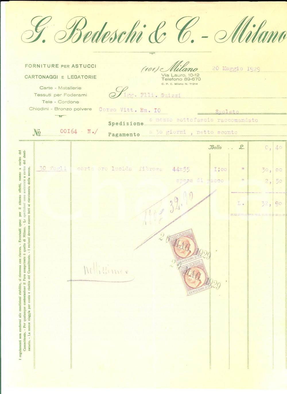 Documento originale, autentico 1929 MILANO Ditta G. BEDESCHI Forniture per astucci Fattura intestata 1