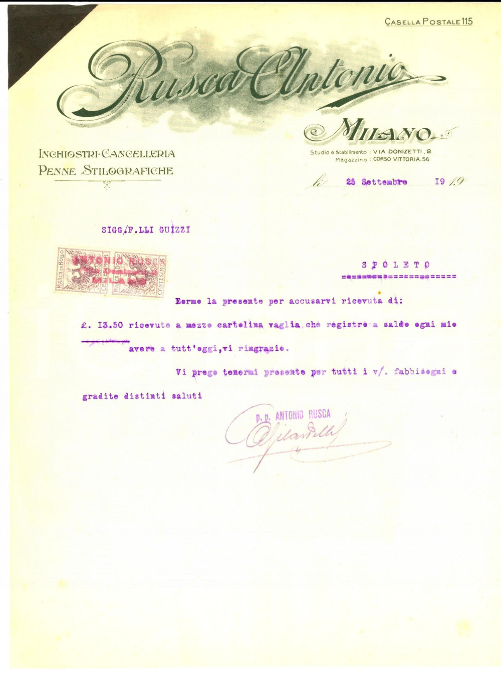 Documento originale, autentico 1919 MILANO Ditta Antonio RUSCA Inchiostri e cancelleria Lettera commerciale 1