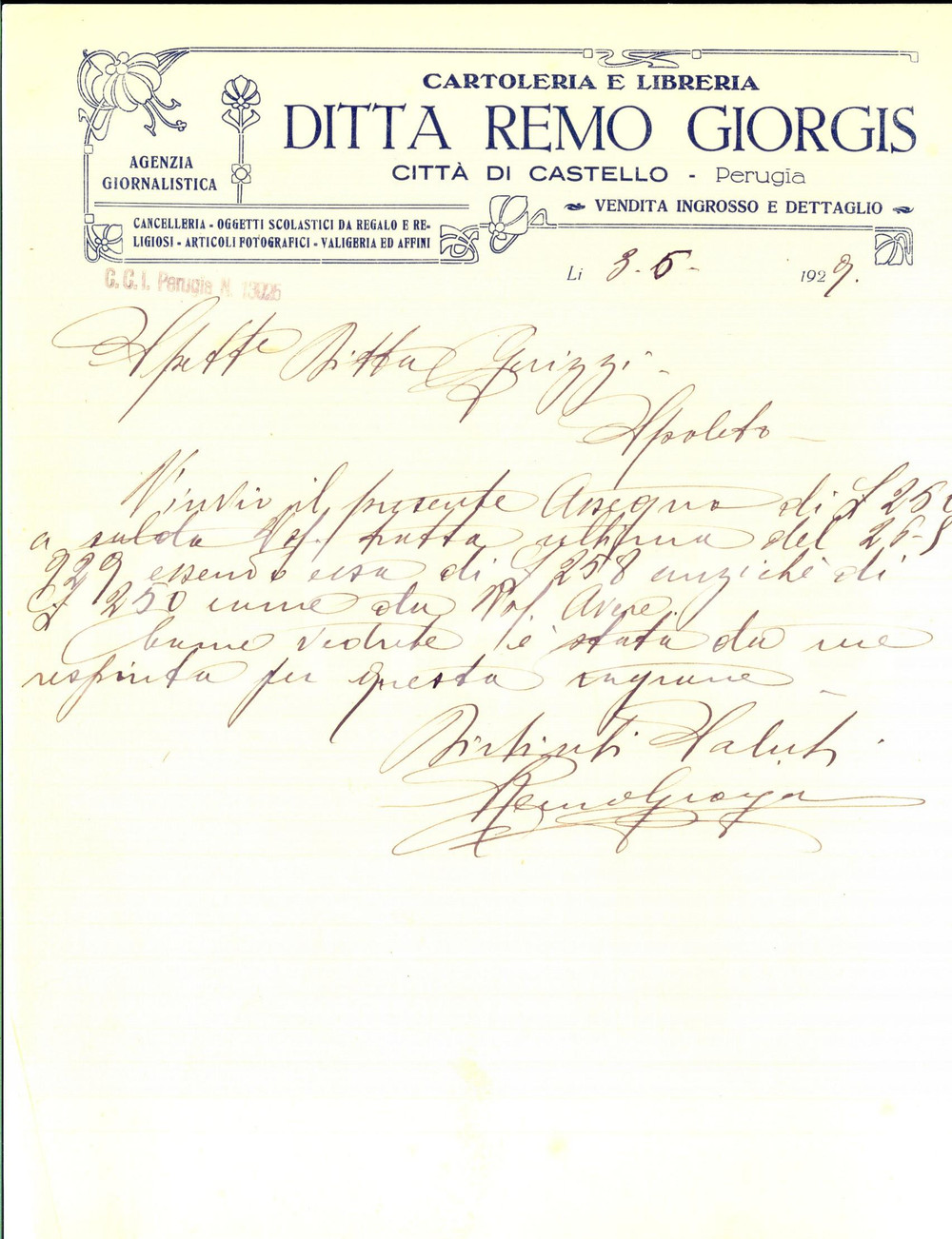 Manoscritto, lettera originale 1929 CITTA  DI CASTELLO PG Cartoleria Remo GIORGIS Lettera commerciale 1