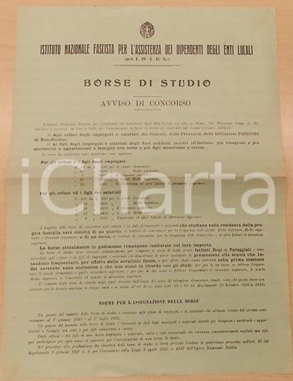 Documento originale, autentico 1934 ROMA Concorso borse di studio per figli dipendenti Enti Locali Manifesto 1