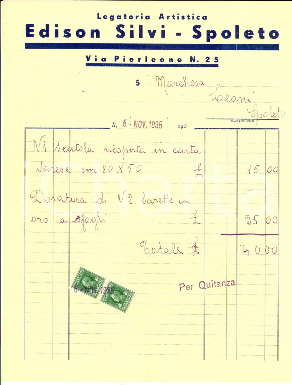 Documento originale, autentico 1935 SPOLETO Legatoria Artistica EDISON SILVI Fattura intestata per doratura 1