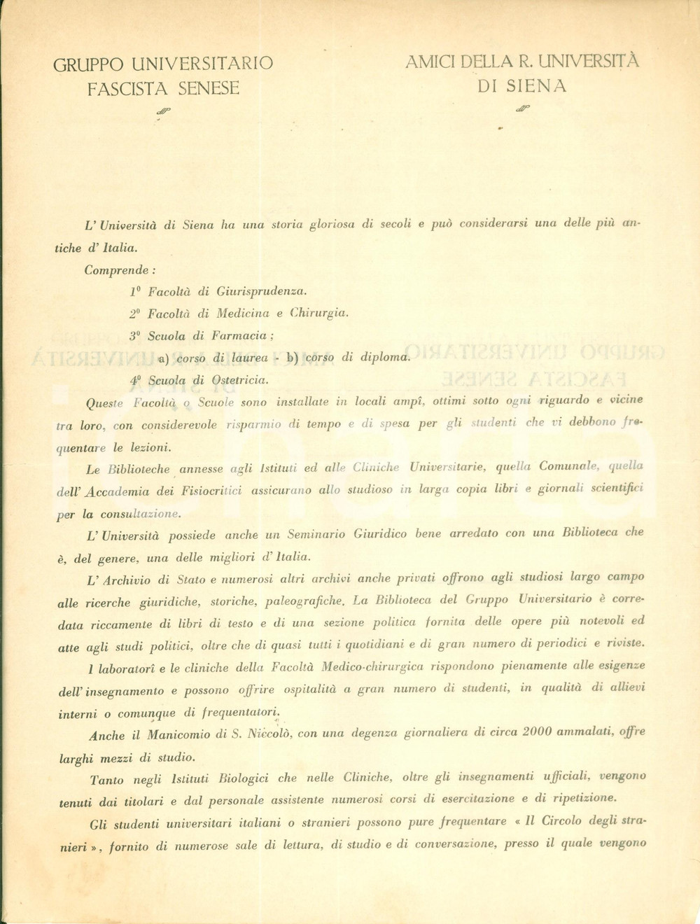 Documento originale, autentico 1937 SIENA Gruppo Universitario Fascista Senese Opuscolo su attivitÃ  assistenza 1