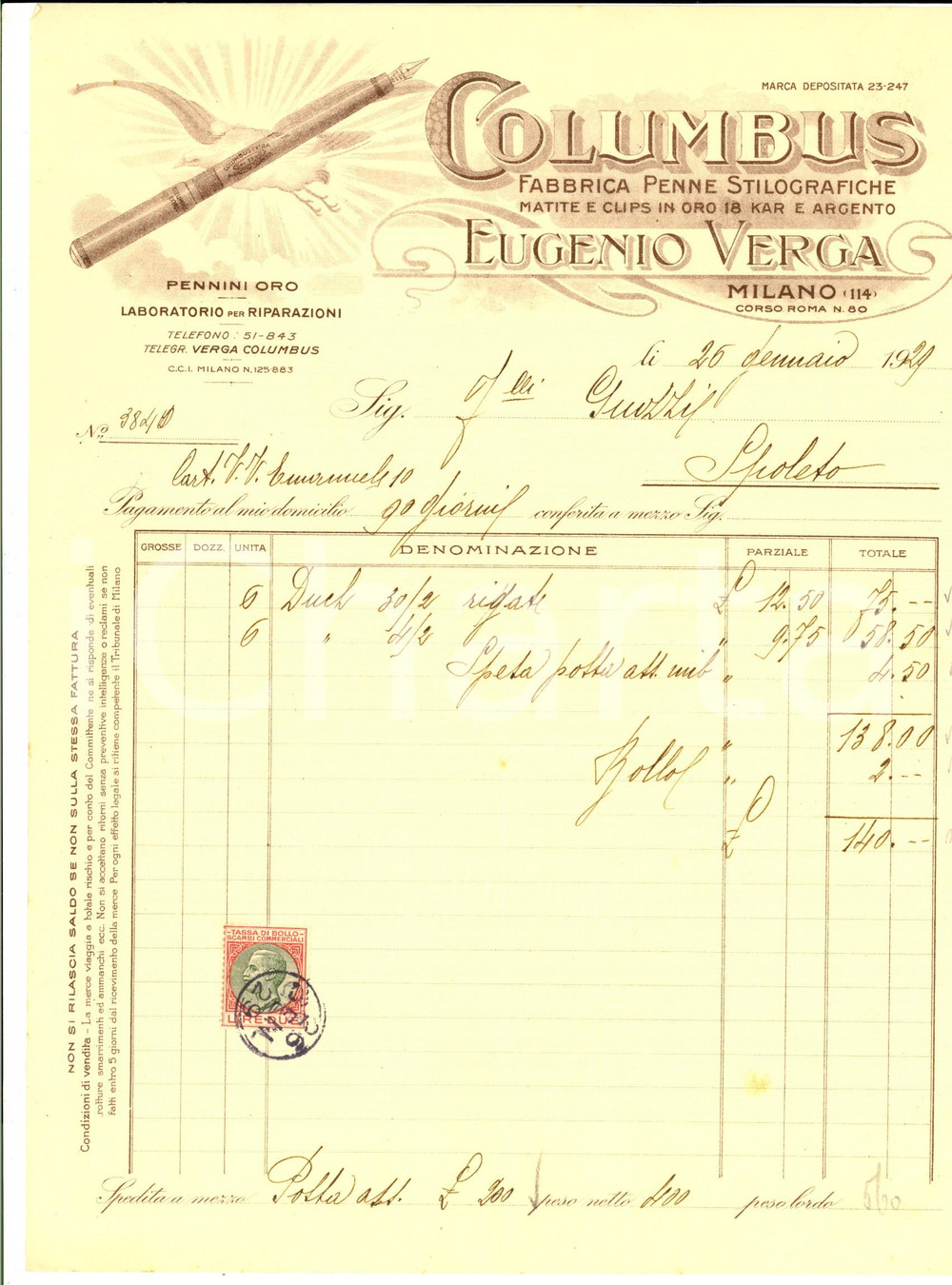 Documento originale, autentico 1929 MILANO Ditta COLUMBUS Eugenio VERGA Penne stilografiche  Fattura 1