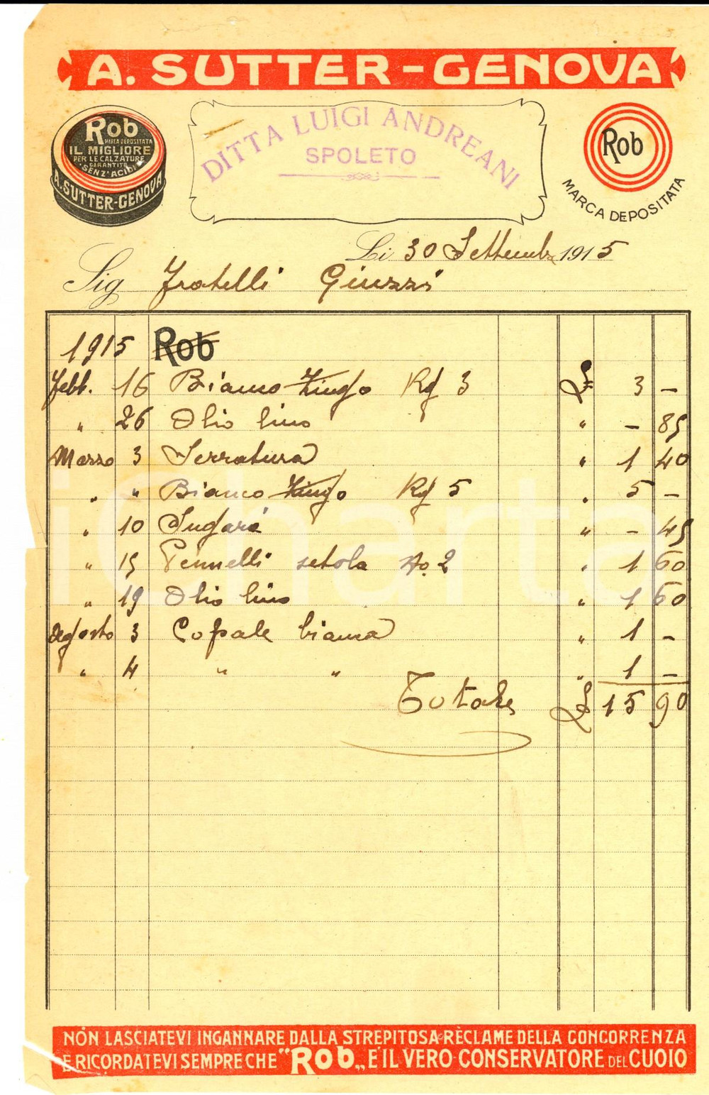 Documento originale, autentico 1915 GENOVA Ditta A. SUTTER Memorandum ROB conservatore del cuoio 1