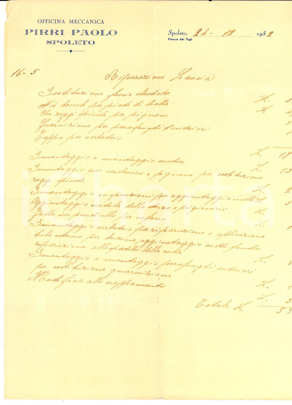 Documento originale, autentico 1932 SPOLETO PG Officina meccanica Paolo PIRRI  Lavori su auto LANCIA 1