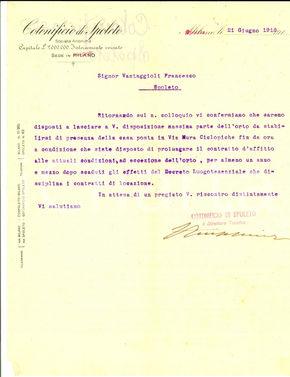 Documento originale, autentico 1918 MILANO Cotonificio di SPOLETO Lettera su cessione orto via Mura Ciclopiche 1