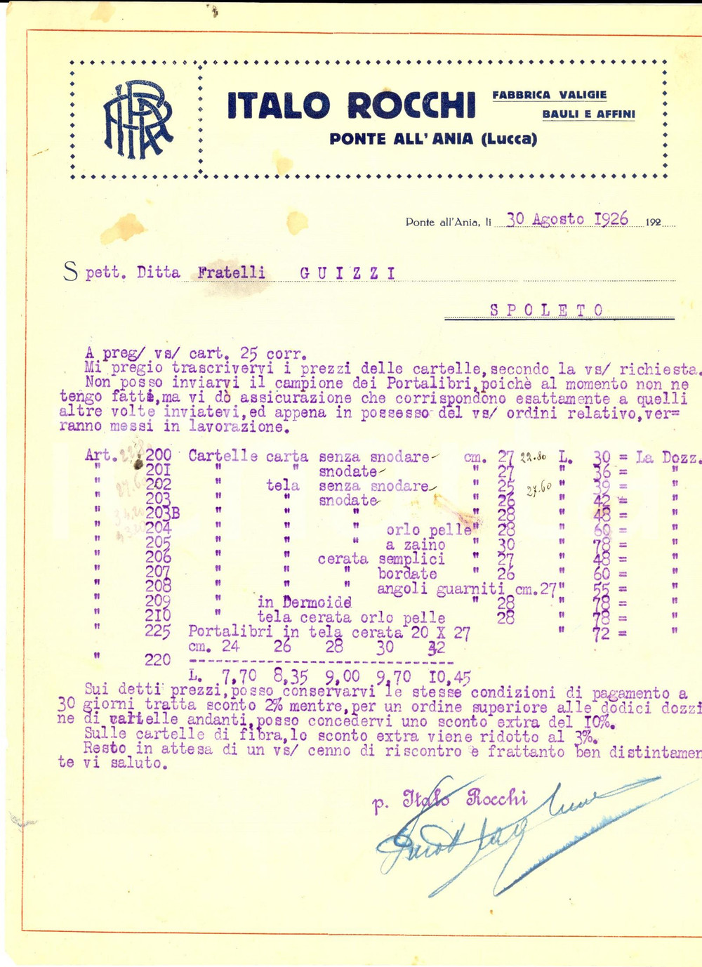 Documento originale, autentico 1926 PONTE ALL ANIA LU Fabbrica valigie e bauli ITALO ROCCHI Fattura 1